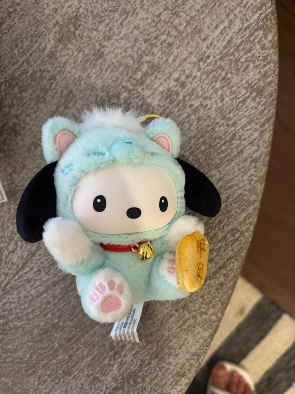 Plush Mint Blue Character Keychain with Gold Bell